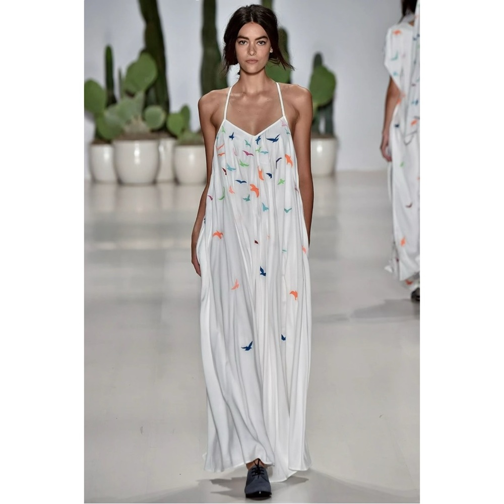 Mara Hoffman Embroidered Birds Maxi Dress - White Adjustable Strap Trapeze Dress